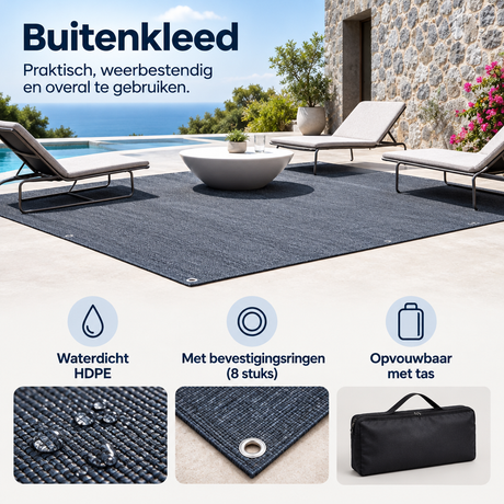 Duidelijk zicht op een waterdicht BukkitBow buitenkleed van HDPE met bevestigingsringen in diverse maten, geschikt voor buitengebruik.