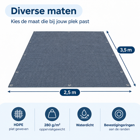 Waterdicht buitenkleed van BukkitBow met bevestigingsringen, diverse maten, gemaakt van HDPE 280 g/m², geschikt voor buitengebruik.