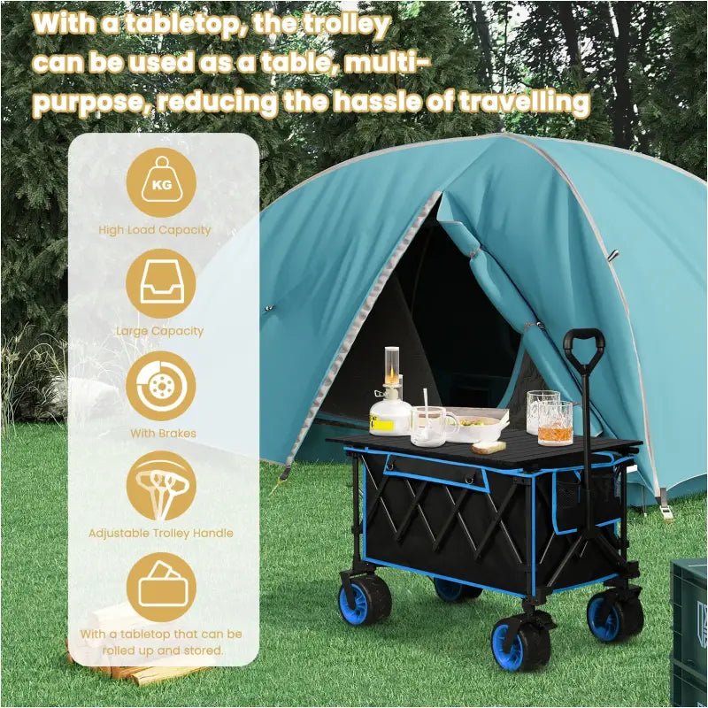 BukkitBow 2-in-1 opvouwbare bolderkar met tafelblad, gecoat staal, Oxford-doek en all-terrain wielen voor veelzijdig gebruik