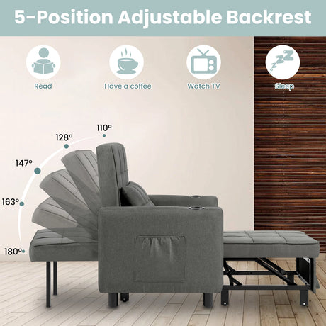 BukkitBow 4-in-1 slaapstoel met bekerhouders en verstelbare rugleuning, ligstoel in neutrale kleur, comfortabel en multifunctioneel.