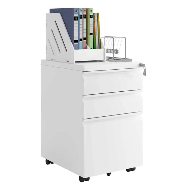 BukkitBow archiefkast met slot, 3 lades, draaibare wielen en vergrendelingsmechanisme, afmetingen 48x39x62 cm, zwart.