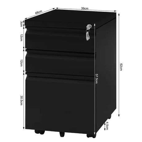 BukkitBow archiefkast met 3 lades, slot, vergrendelingsmechanisme en draaibare zwenkwielen, afmetingen 48x39x62 cm.