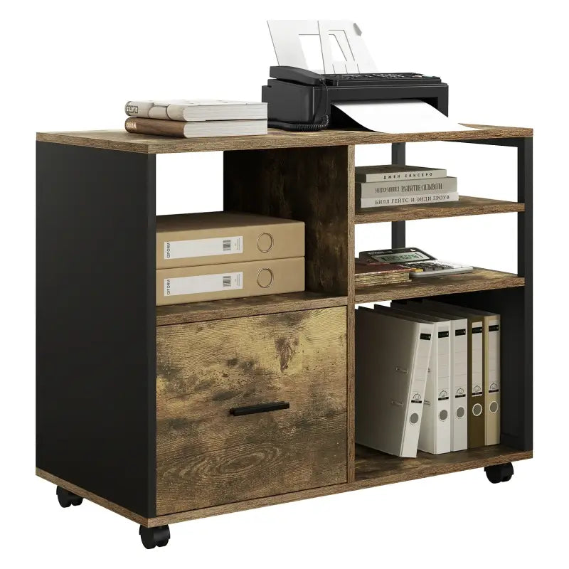 BukkitBow archiefkast met wieltjes, industrieel zwart metalen frame en vintage bruine houten afwerking, geschikt als printerkast of kantoorkast