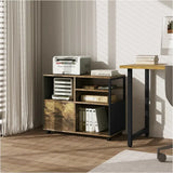 BukkitBow archiefkast met wieltjes, industrieel zwart metalen frame en vintage bruine houten afwerking, geschikt voor kantoor.