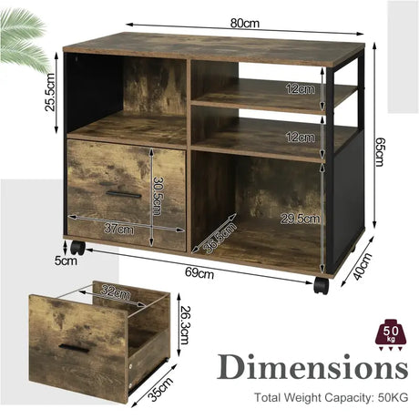 BukkitBow archiefkast met industrieel zwart metalen frame en vintage bruine houten oppervlakken, op wieltjes voor kantooropslag