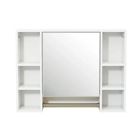 BukkitBow badkamermeubel met spiegel, handdoekhouder en verstelbare plank, afmeting 80x20x60cm, zwart houtlook.