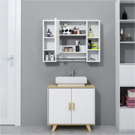 BukkitBow badkamermeubel met spiegel, handdoekhouder en verstelbare plank, afmetingen 80x20x60cm, stijlvolle opbergkast voor de badkamer.