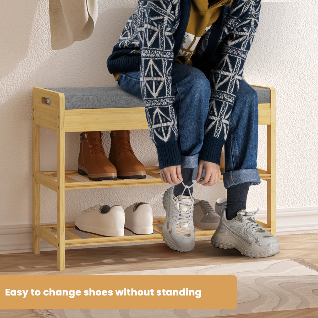 BukkitBow bamboe schoenenrek met zitting en opbergvak, natuurlijk afwerking, voor het opbergen van schoenen en accessoires.
