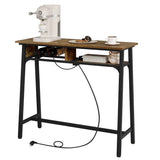 BukkitBow bartafel met oplaadstation en wijnrek, metalen frame en vintage houten look, afmetingen 110x94x40 cm, 50 kg draagvermogen.