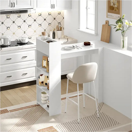 Stevige BukkitBow bartafel met opbergladen, multifunctioneel ontwerp met planken en bakken, ideaal voor bar en keuken.