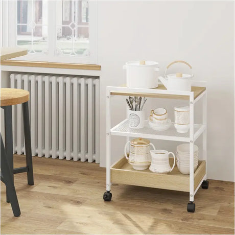 BukkitBow bijzettafel met afneembaar dienblad en rolbare opslagkar, modern design, houtlook afwerking, multifunctioneel gebruik
