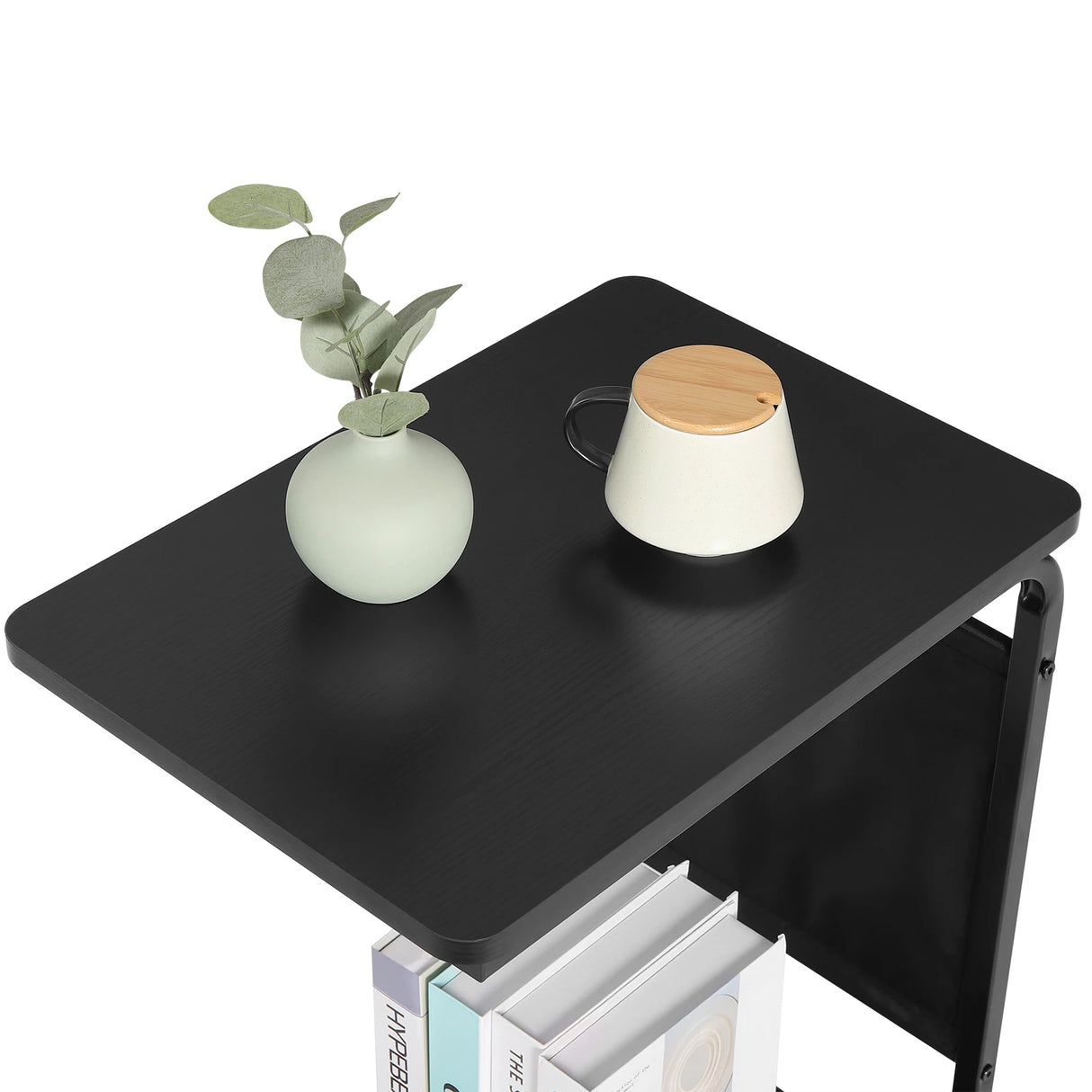 BukkitBow bijzettafel op wielen met metalen C-vorm en twee planken, ideaal voor modern interieur, geschikt als decoratief meubel