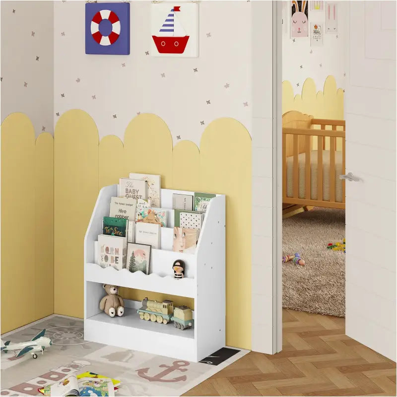 Kinderboekenkast BukkitBow met 5 compartimenten, opbergkast voor speelgoed en boeken, afmetingen 70x80x30 cm in speelhoek.