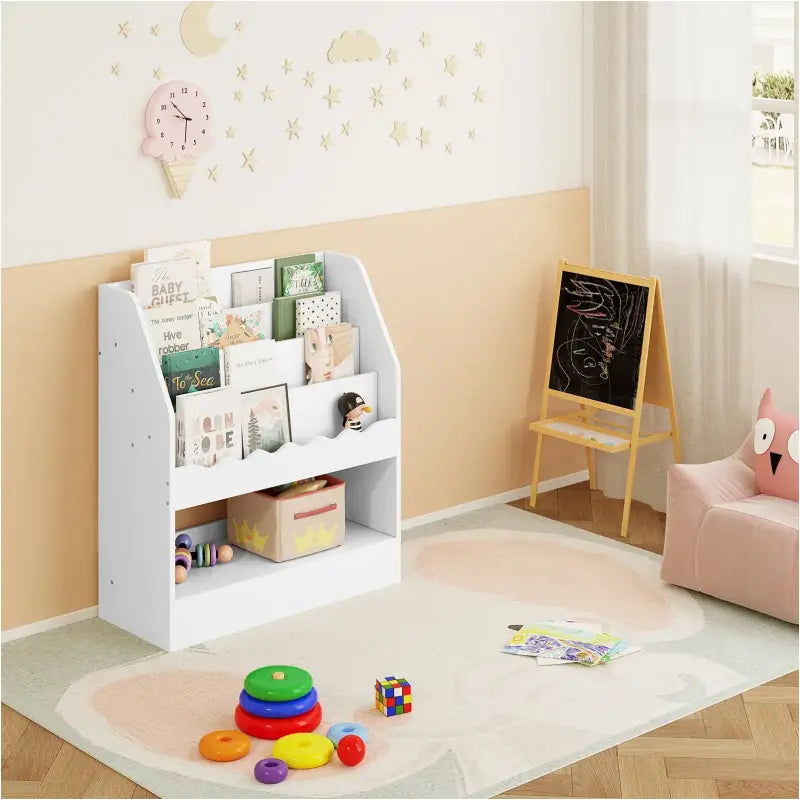 BukkitBow kinderboekenkast met 5 compartimenten, houten opbergkast voor speelkamer, afmetingen 70x80x30cm.
