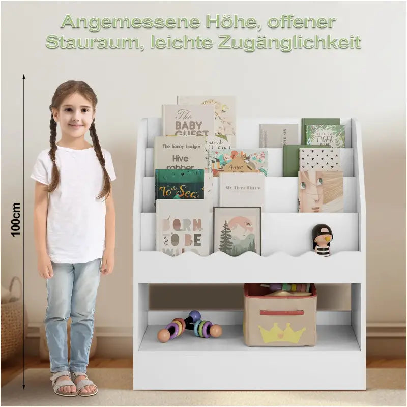 Kinderboekenkast van BukkitBow met 5 compartimenten, geschikt voor speelgoed en boeken, afmetingen 70x80x30 cm.