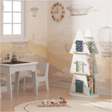 Kinderboekenkast BukkitBow met 360° draaibare plank, kerstboomvorm, 4 planken en ophanghaken, in wit en bruin hout.