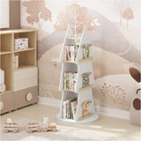 BukkitBow kinderboekenkast in kerstboomvorm met 360° draaibare plank, vier planken, ophanghaken, wit en bruin hout, kindvriendelijk design
