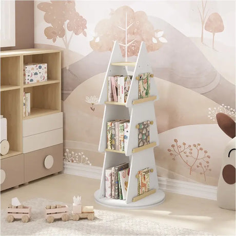 BukkitBow kinderboekenkast in kerstboomvorm met 360° draaibare plank, vier planken, ophanghaken, wit en bruin hout, kindvriendelijk design