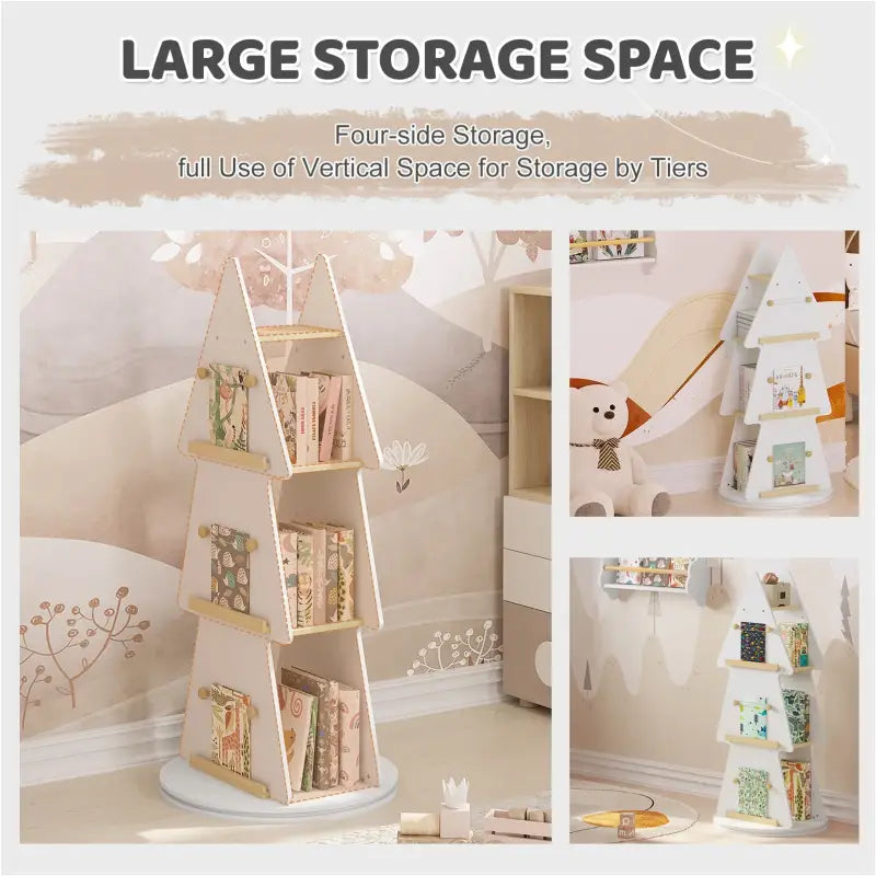 Kinderboekenkast BukkitBow met 360° draaibare plank, kerstboomvorm, 4 planken en ophanghaken, wit en bruin hout, geschikt voor kinderen.