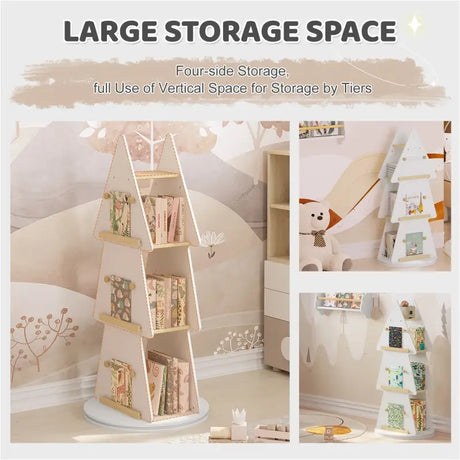 Kinderboekenkast BukkitBow met 360° draaibare plank, kerstboomvorm, 4 planken en ophanghaken, wit en bruin hout, geschikt voor kinderen.