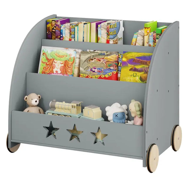 Kinder boekenkast van BukkitBow, lage kast met wielen en staande vakken, 57 cm hoog, geschikt voor kinderen.