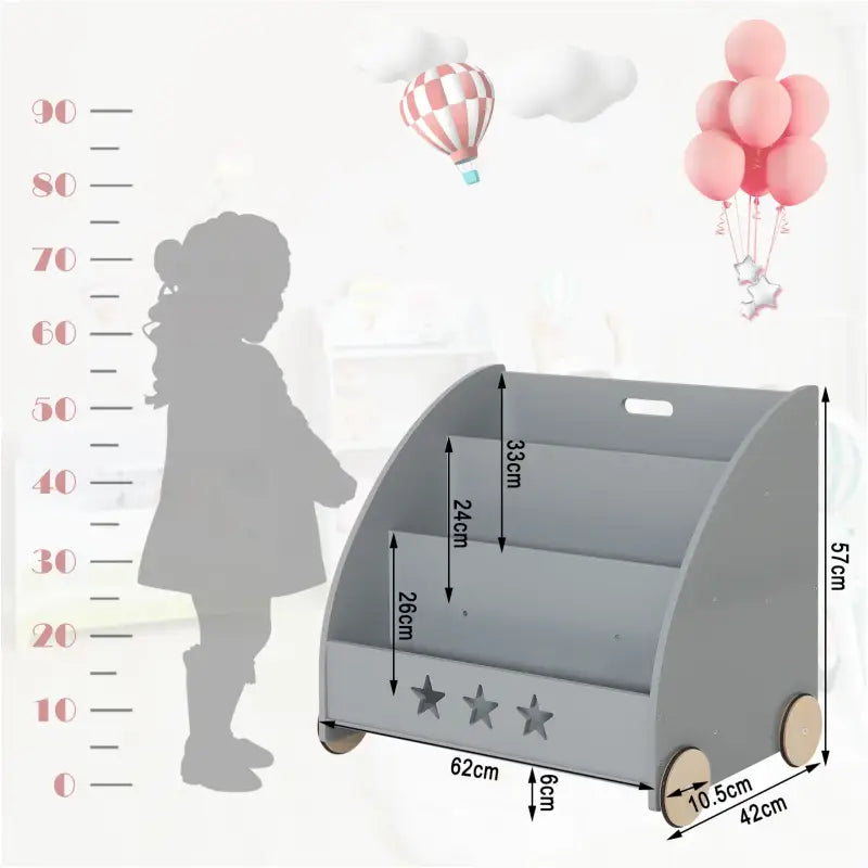 Kinder boekenkast van BukkitBow, lage kast met wielen en staande vakken, 57 cm hoog, geschikt voor kinderkamers.