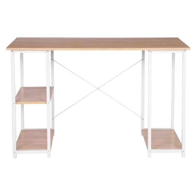 BukkitBow bureau van licht eikenhout met stalen structuur, 3 opbergvakken en een draagvermogen van 50 kg, modern en functioneel.