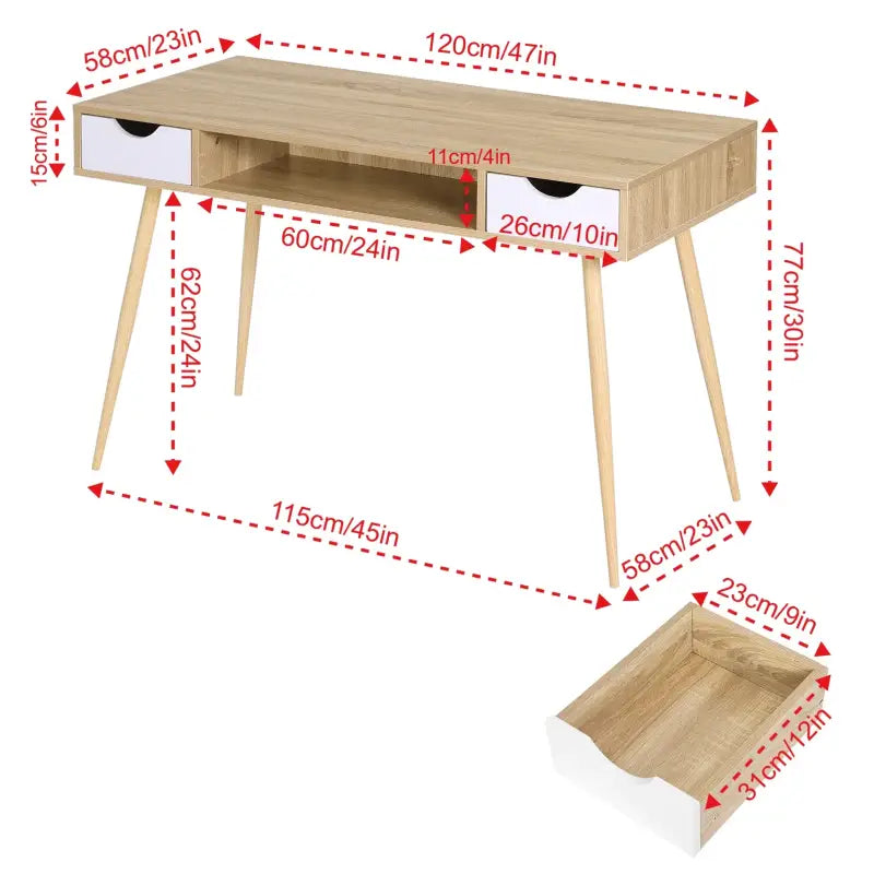 BukkitBow bureau van stevig eikenhout met 2 laden en open compartiment, afmetingen 120x58cm, stijlvolle werkplek meubel