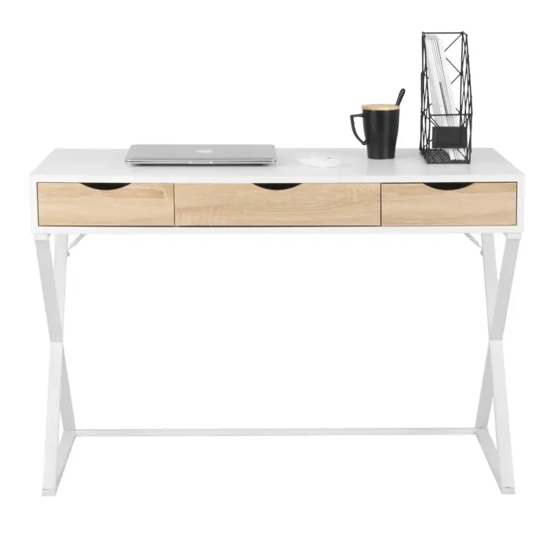 Wit BukkitBow bureau met 3 laden, hout en metaal, waterdicht en krasbestendig, afmetingen 110x50cm, modern en functioneel.