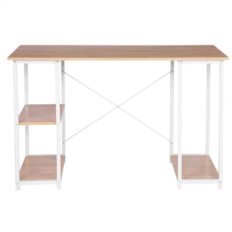 BukkitBow bureau met computerstandaard, opbergvak en twee planken, houten panelen, stalen frame, in licht eiken of wit, 120x60cm.
