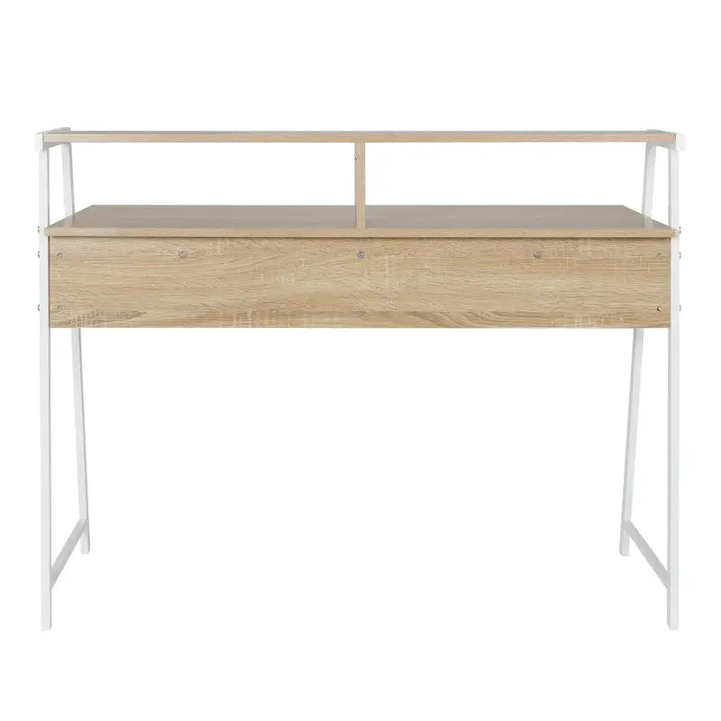BukkitBow bureau met houten uitstraling en hoge opstapplank, afmetingen 56x115x71 cm, geschikt voor thuis of kantoor.