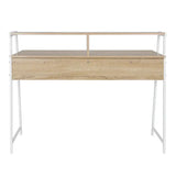 BukkitBow bureau met houten uitstraling en hoge opstapplank, afmetingen 56x115x71 cm, geschikt voor thuis of kantoor.