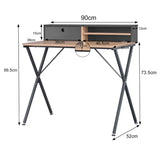 BukkitBow bureau met stalen frame, licht eikenhouten werkblad, lade en opbergvakken, meebewegende poten, 90x50cm.