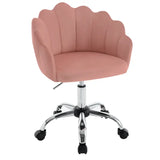 BukkitBow bureaustoel met bloembladontwerp, fluwelen bekleding, metalen onderstel en ergonomische, in hoogte verstelbare zitting.