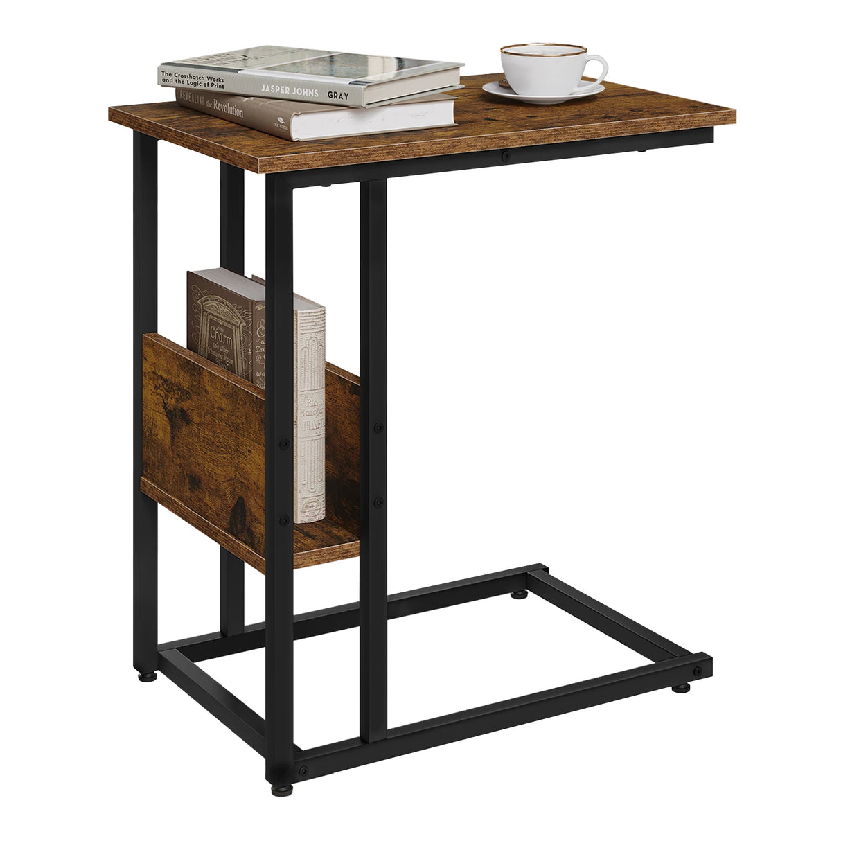 BukkitBow C-vormige bijzettafel met industrieel metalen ontwerp en zijvak, geschikt als stijlvolle kleine tafel.
