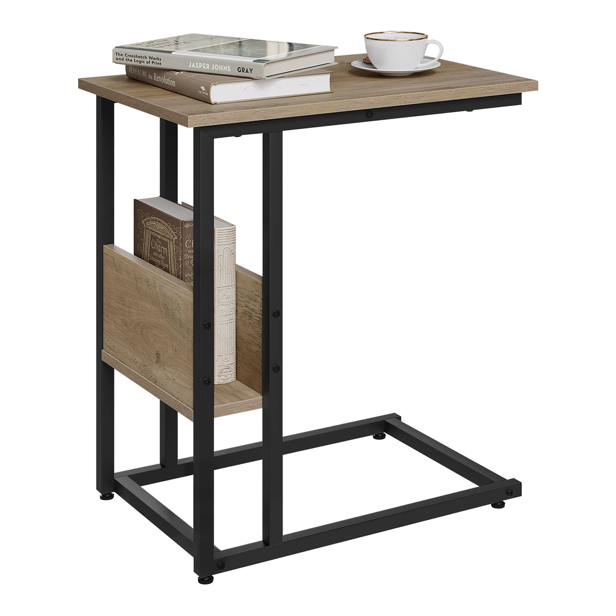 Industriele BukkitBow C-vormige bijzettafel met zijvak en metalen afwerking, geschikt voor moderne woonruimtes.
