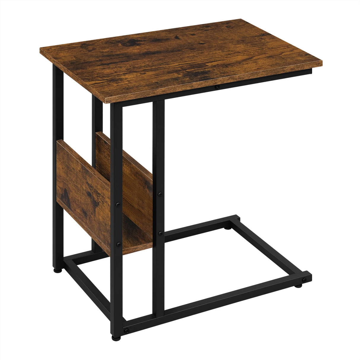 C-vormige BukkitBow bijzettafel met industrieel metalen afwerking en zijvak, geschikt als stijlvolle woonaccessoire.