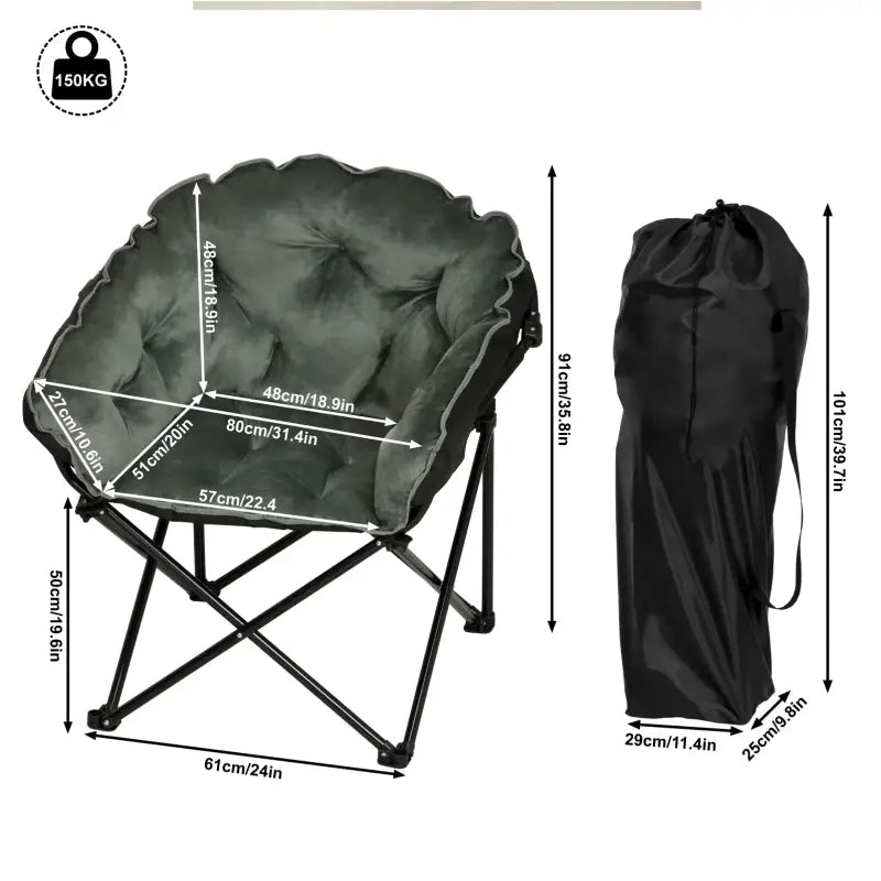 BukkitBow campingstoel met zachte fluwelen bekleding, draagbare opberghoes, maximale capaciteit van 150kg, comfortabel voor kamperen.