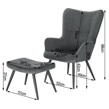 BukkitBow comfortabele fauteuil met kruk, stevige en duurzame stoel in moderne stijl, afmetingen 98x43x59cm en kruk 54,5x35,5x37cm.