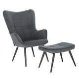 BukkitBow comfortabele fauteuil met bijpassende kruk, stevige en duurzame stijlvol ontwerp, afmetingen 98x43x59cm en 54,5x35,5x37cm.