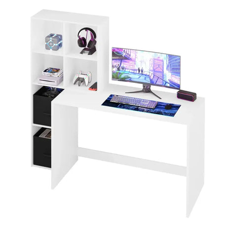 Wit BukkitBow compact bureau met planken en opbergruimte, afmetingen 140,5x134x50 cm, voor een georganiseerde werkplek