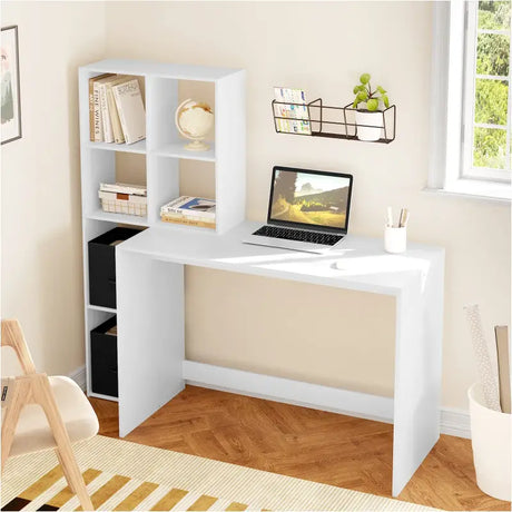 Wit BukkitBow compact bureau met planken en opbergruimte, afmetingen 140,5x134x50 cm, ideaal voor thuis of kantoor.