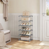 BukkitBow compact metalen schoenenrek, stapelbaar met open systeem voor nette schoenenopslag, zwart metalen frame.
