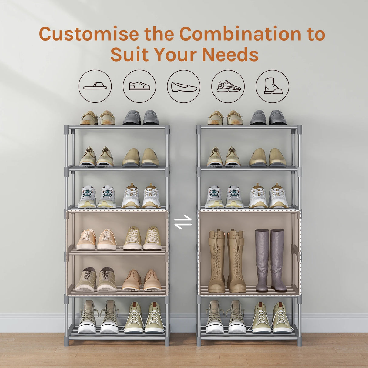BukkitBow metalen schoenenrek, compact en stapelbaar met open systeem voor nette schoenen organizing.