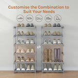 BukkitBow metalen schoenenrek, compact en stapelbaar met open systeem voor nette schoenen organizing.