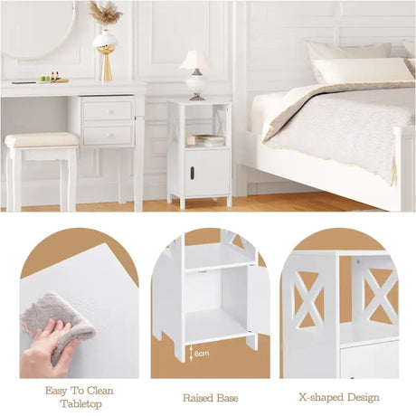 BukkitBow Compact nachtkastje van MDF met ruime opbergruimte, afmetingen 30x60x30 cm, modern en functioneel design.