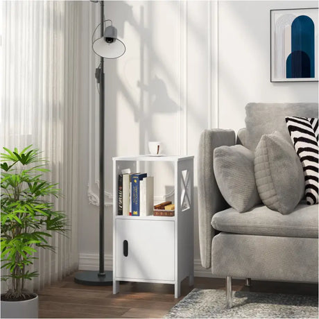 BukkitBow compact nachtkastje van hoogwaardige MDF met ruime opbergvakken, afmetingen 30x60x30 cm, in een moderne slaapkamer.