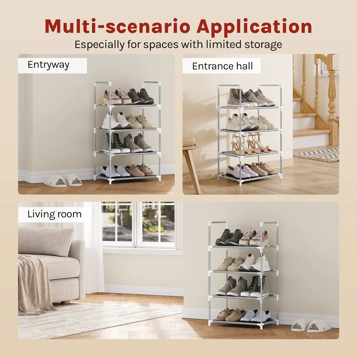 BukkitBow compact schoenenrek met metalen buizen, stapelbaar en flexibel, voor het organiseren van schoenen in huis.