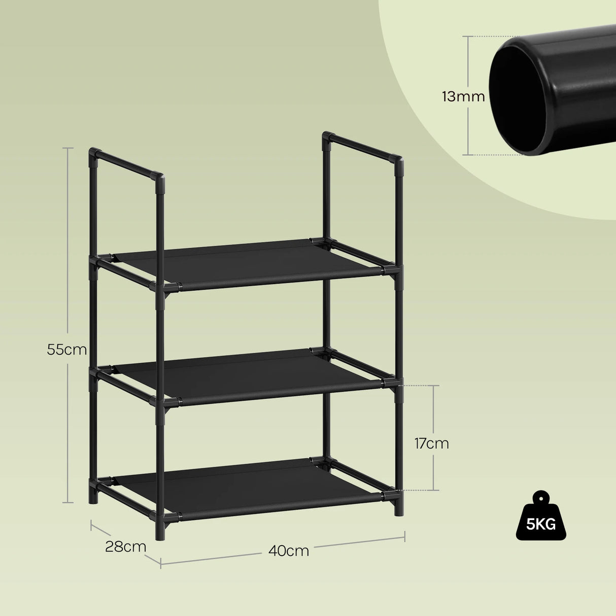 BukkitBow compact schoenenrek met metalen buizen, stapelbaar en flexibel, ideaal voor ordenen van schoenen.