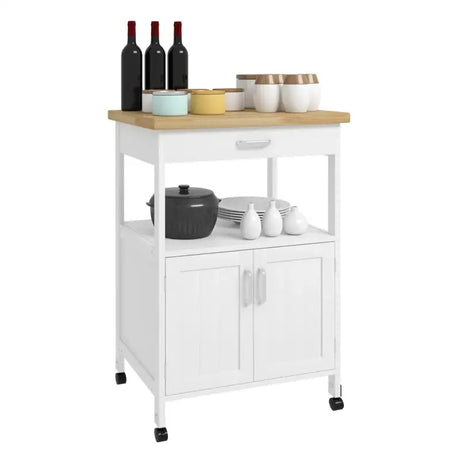 BukkitBow compacte keukentrolley met rubberhouten werkblad en opbergvakken, 60x90x44.5cm, functionele boekenkast in houtstijl